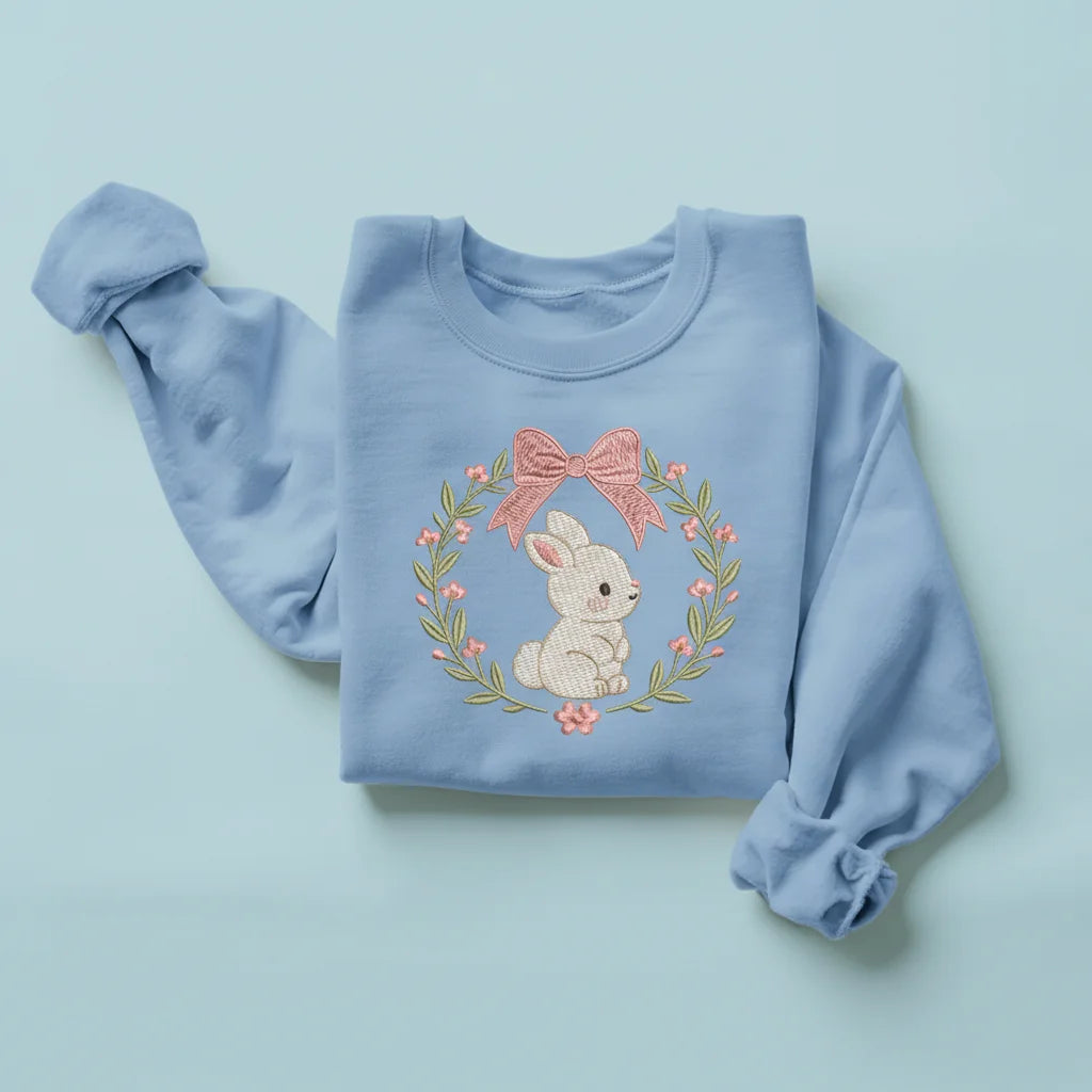 bunny floral wreath embroidery sweatshirt mockup light blue 03