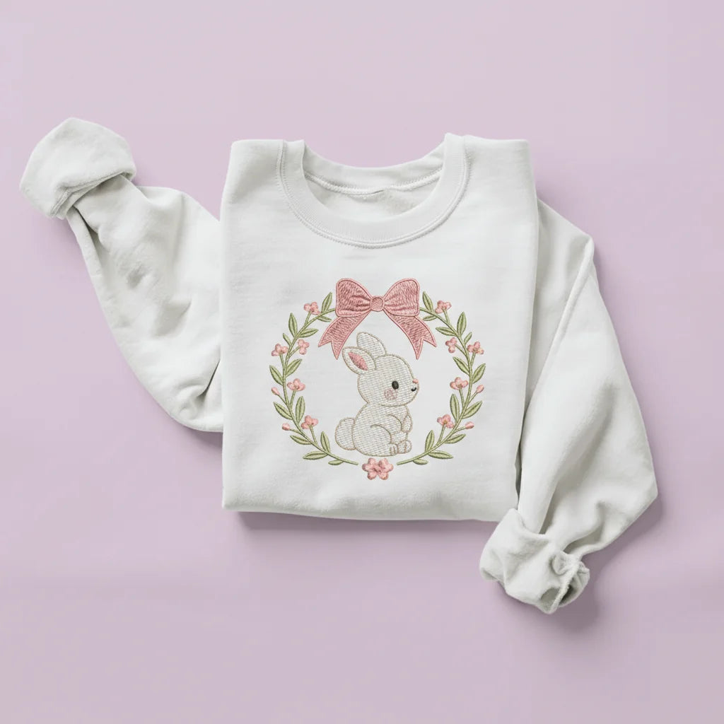 bunny floral wreath embroidery sweatshirt mockup white 05