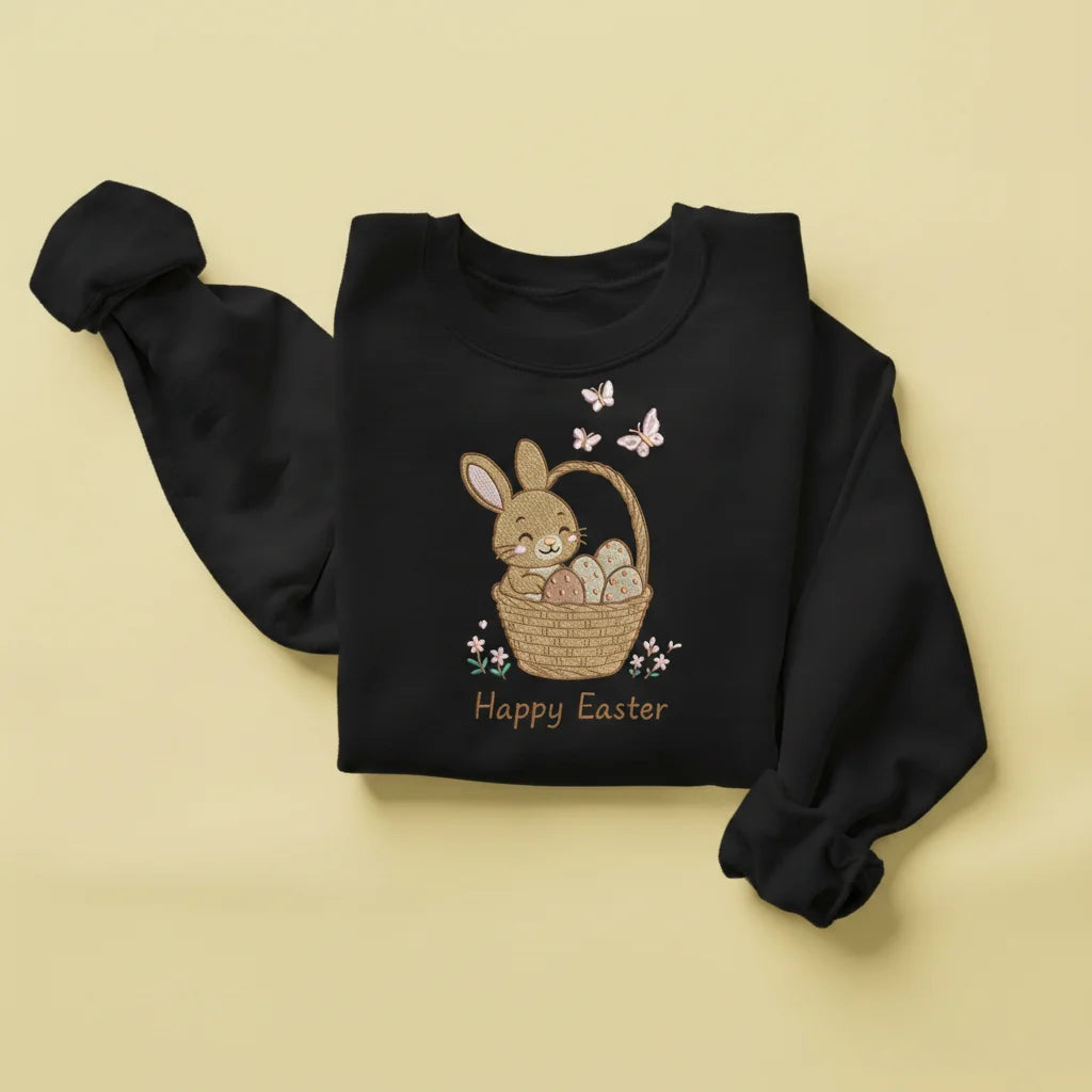 bunny happy easter basket embroidery black sweatshirt mockup 05