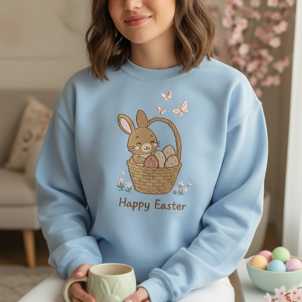 bunny happy easter basket embroidery light blue sweatshirt lifestyle 02
