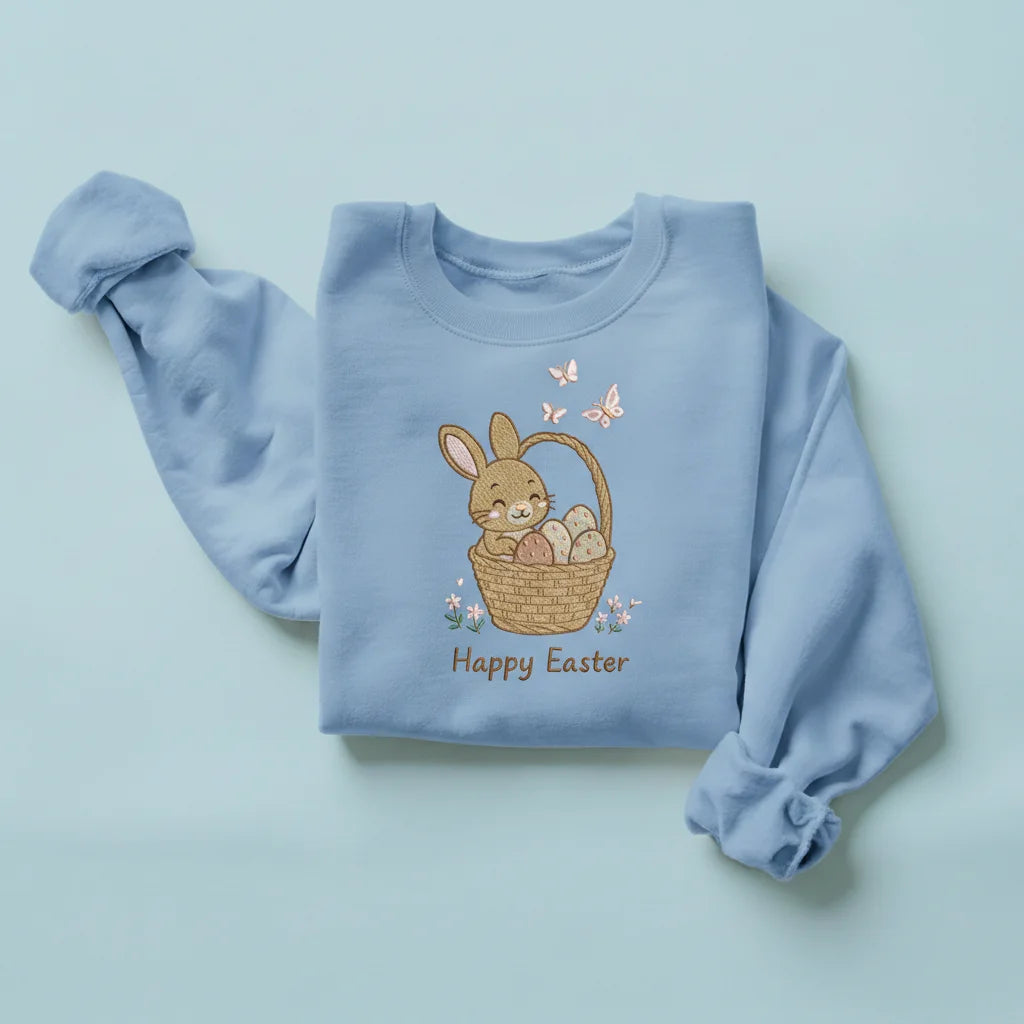 bunny happy easter basket embroidery light blue sweatshirt mockup 03