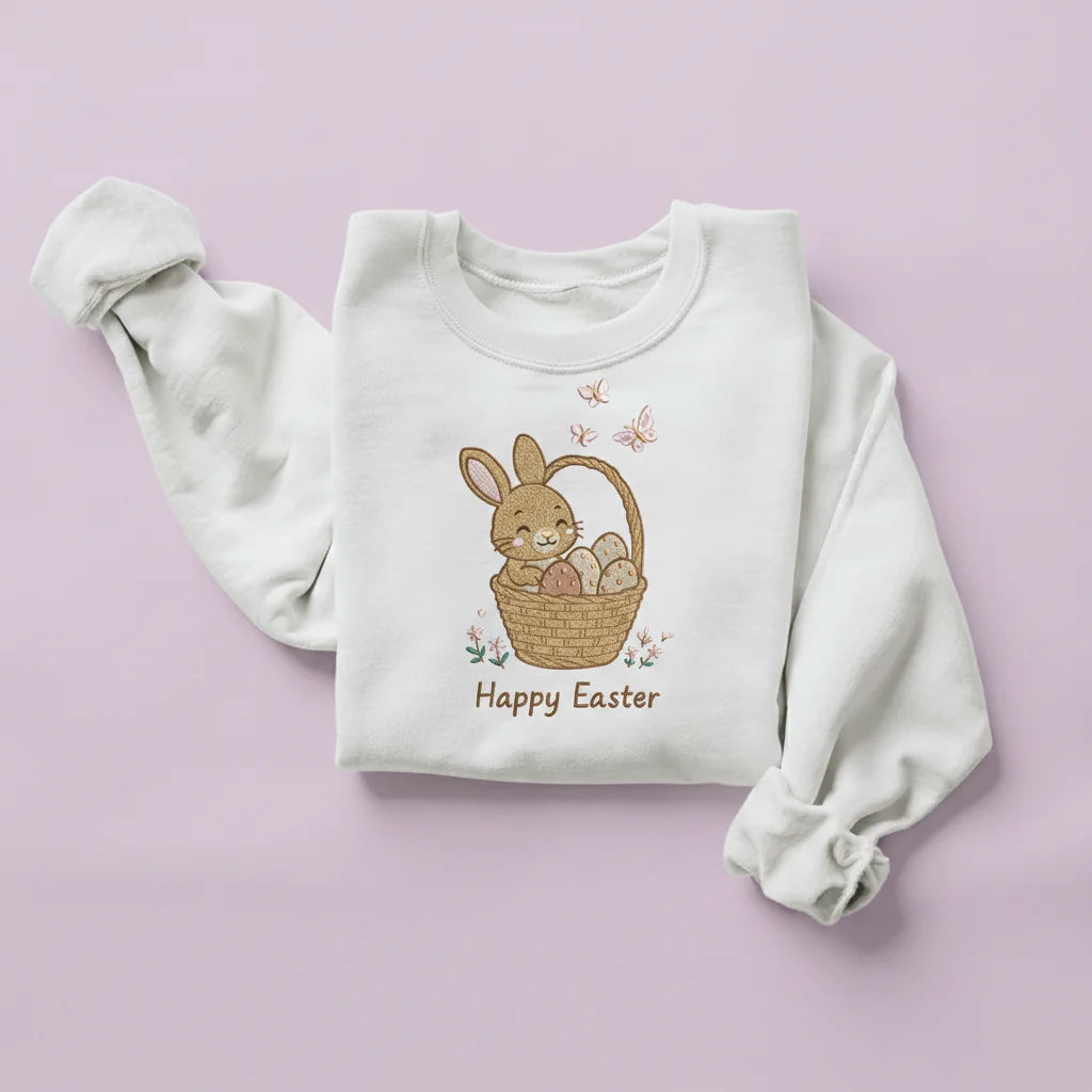 bunny happy easter basket embroidery white sweatshirt mockup 02