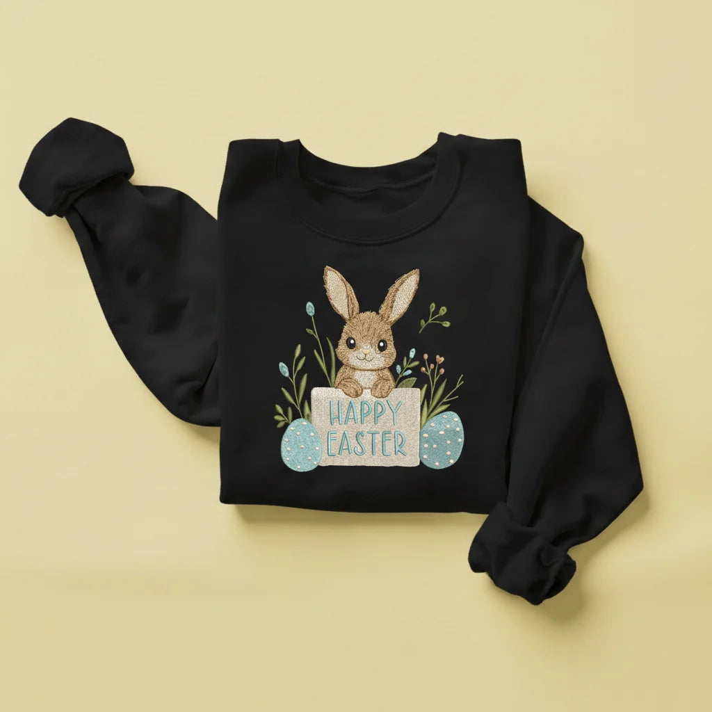 bunny happy easter wood sign embroidery black sweatshirt mockup 01