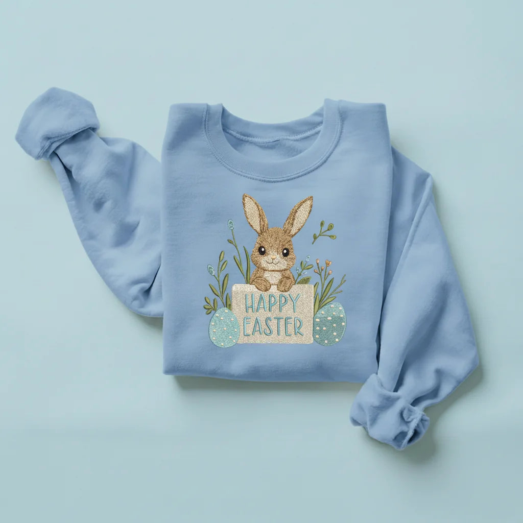 bunny happy easter wood sign embroidery light blue sweatshirt mockup 03