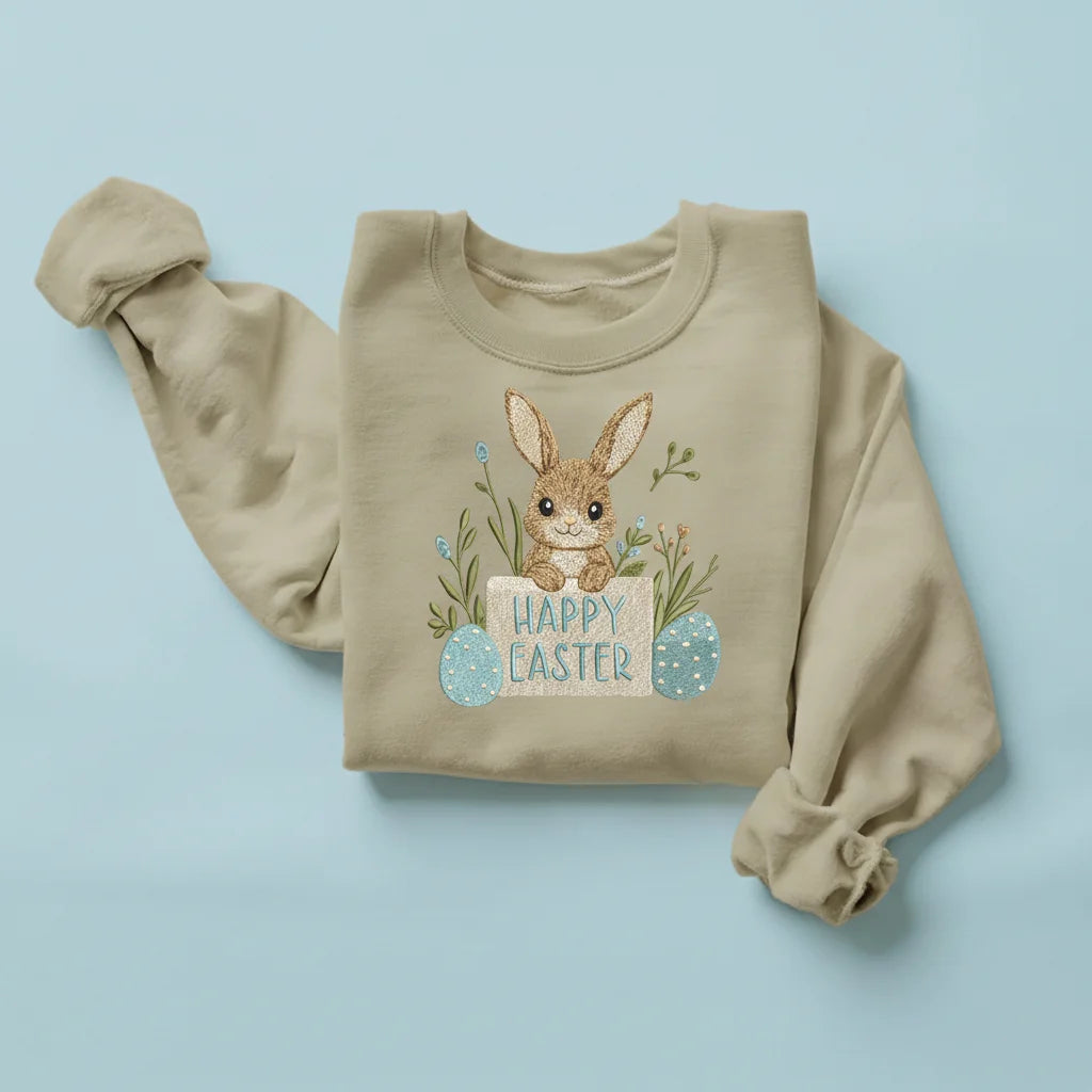 bunny happy easter wood sign embroidery sand sweatshirt mockup 04