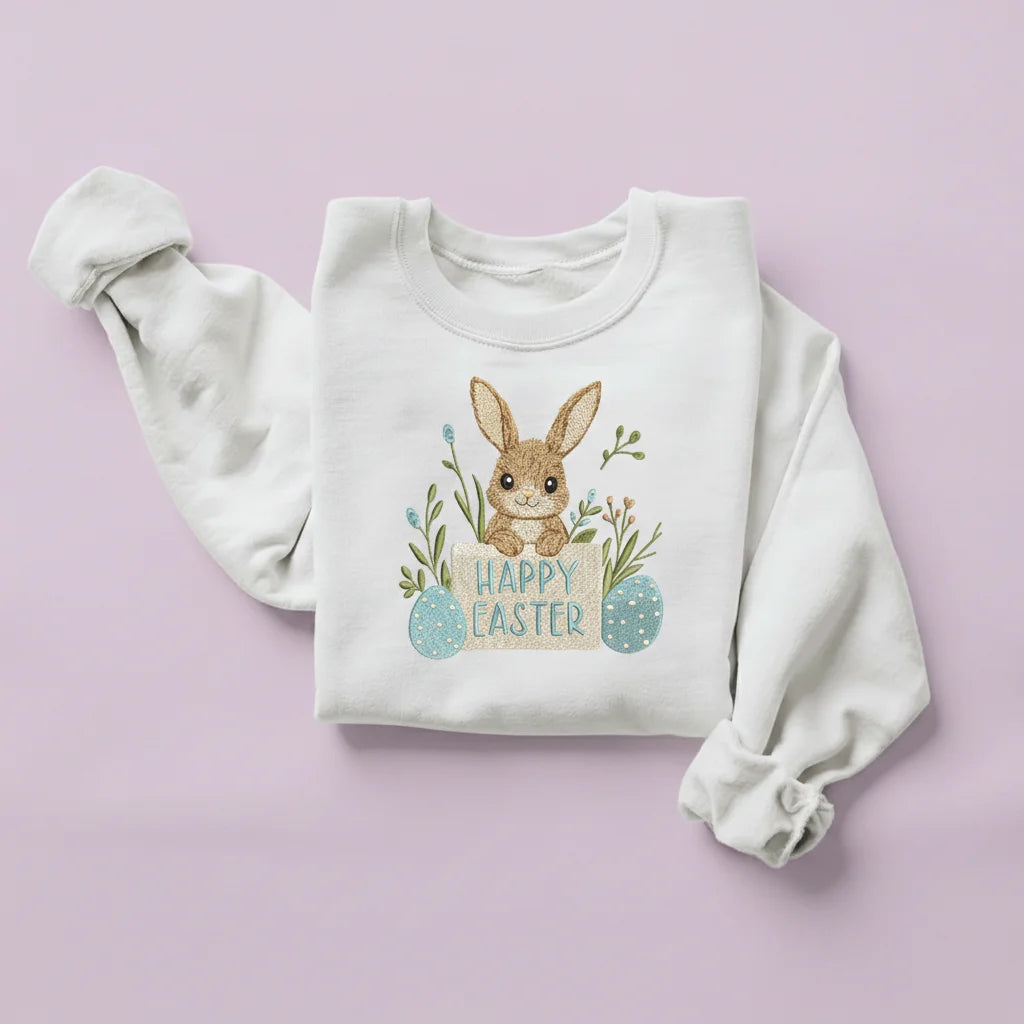 bunny happy easter wood sign embroidery white sweatshirt mockup 05