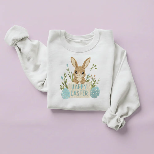 bunny happy easter wood sign embroidery white sweatshirt mockup 05