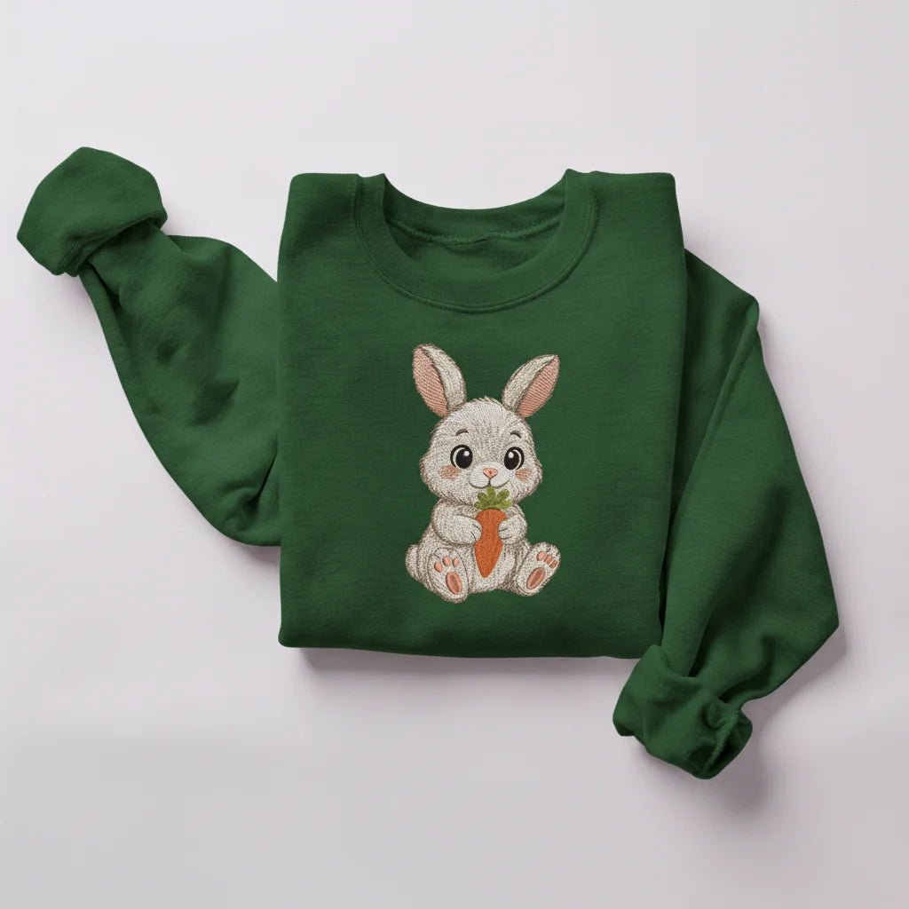 bunny holding carrot embroidery forest green sweatshirt mockup 04