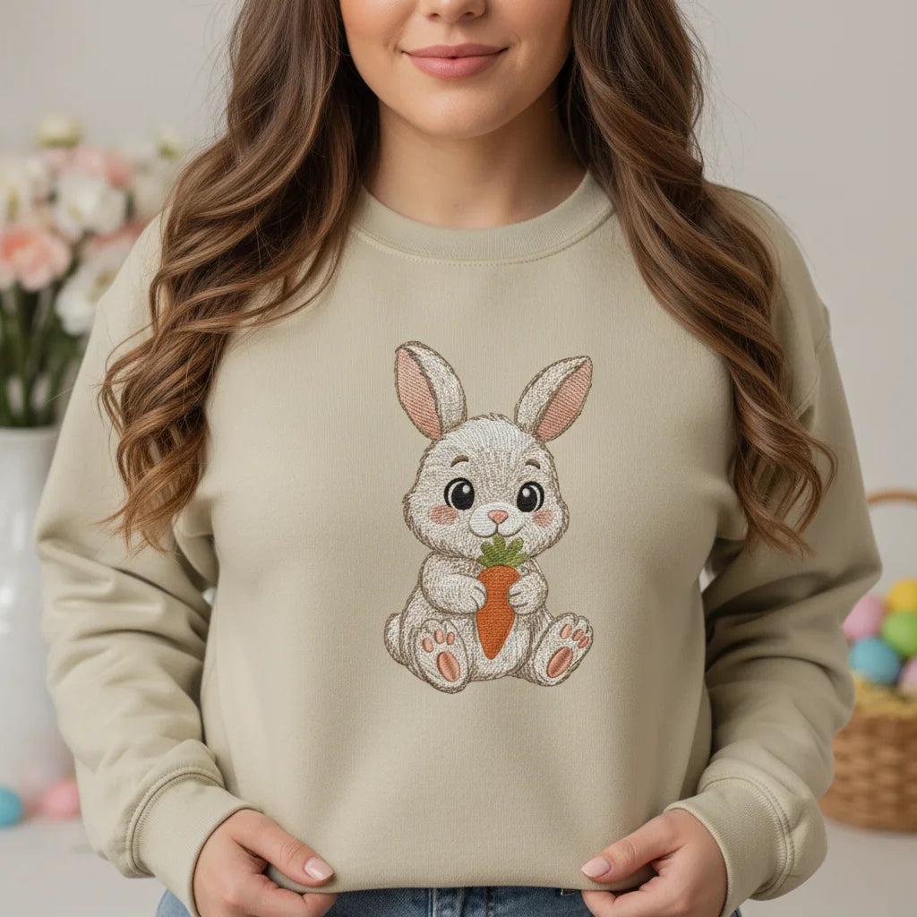 bunny holding carrot embroidery sand sweatshirt lifestyle 01