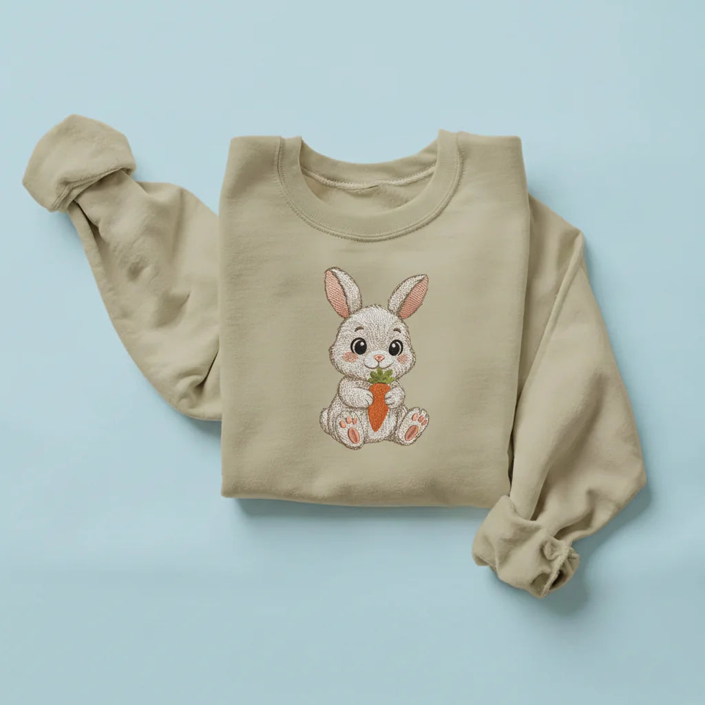 bunny holding carrot embroidery sand sweatshirt mockup 01