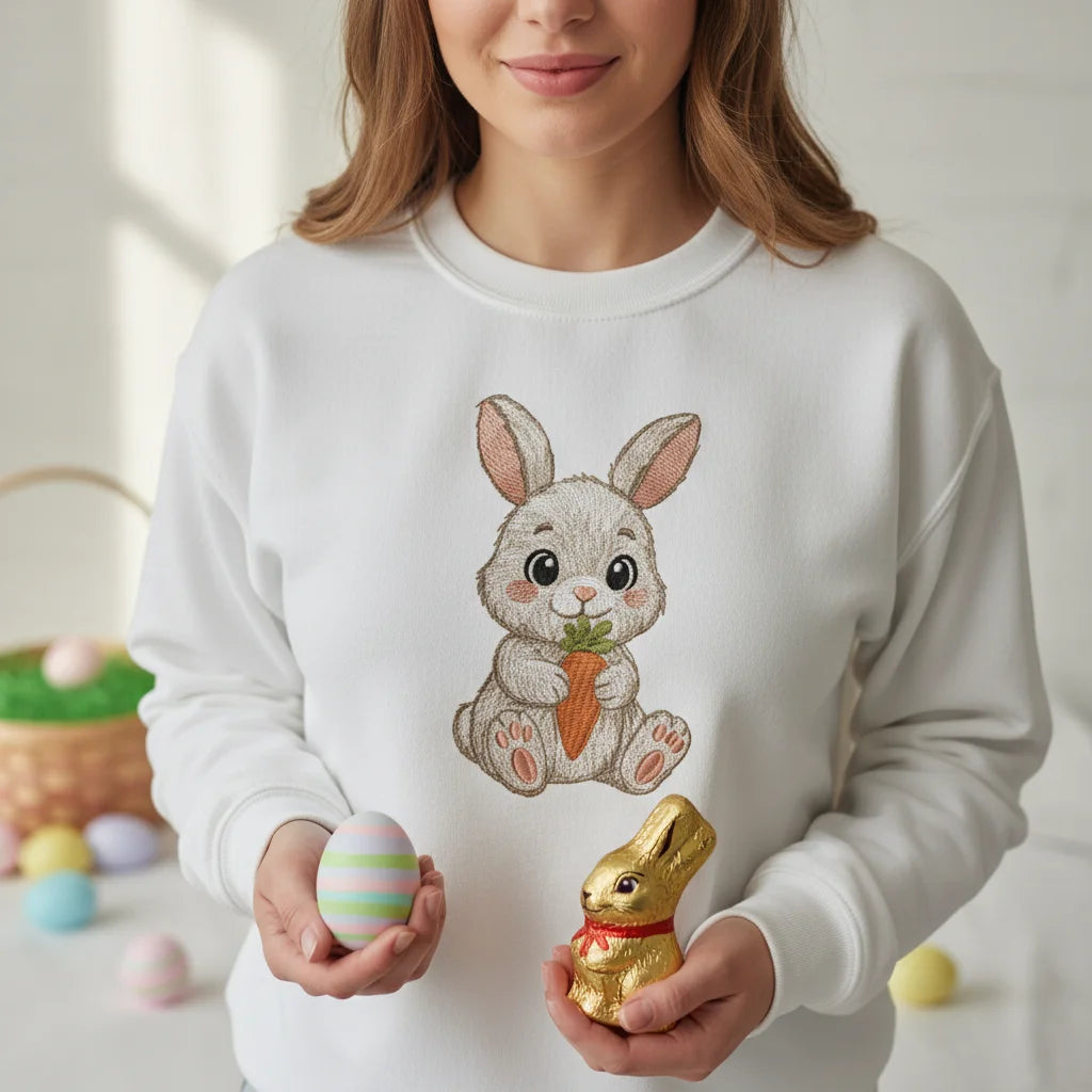 bunny holding carrot embroidery white sweatshirt lifestyle 02