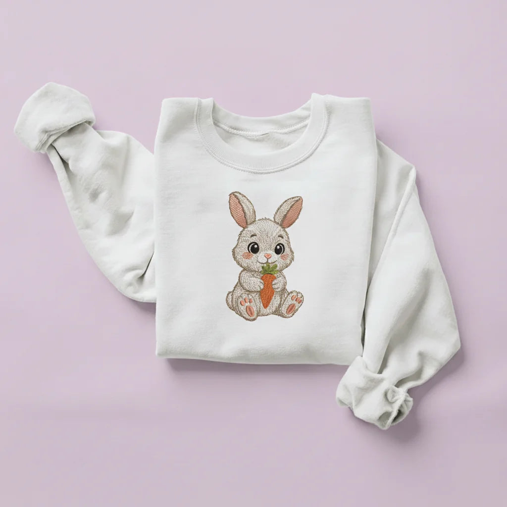 bunny holding carrot embroidery white sweatshirt mockup 02