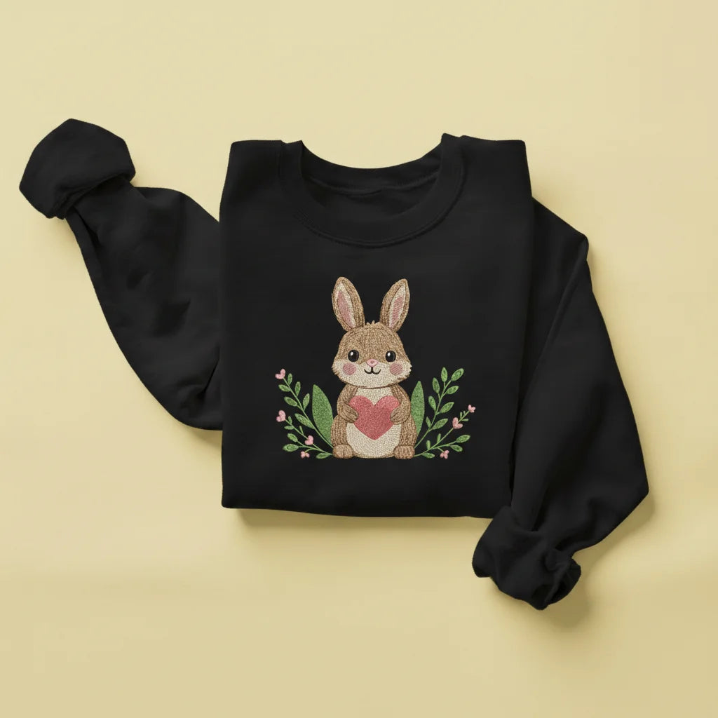 bunny holding heart floral embroidery black sweatshirt mockup 05