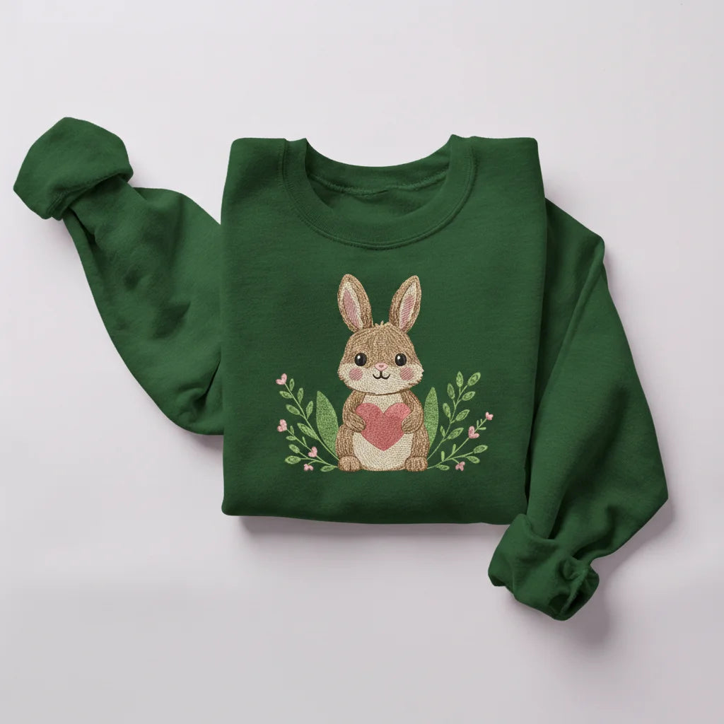 bunny holding heart floral embroidery forest green sweatshirt mockup 04