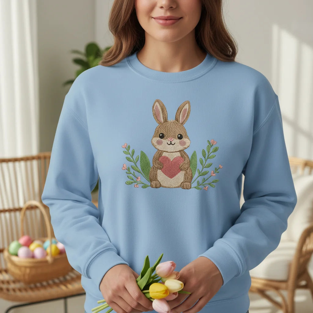 bunny holding heart floral embroidery light blue sweatshirt lifestyle 01
