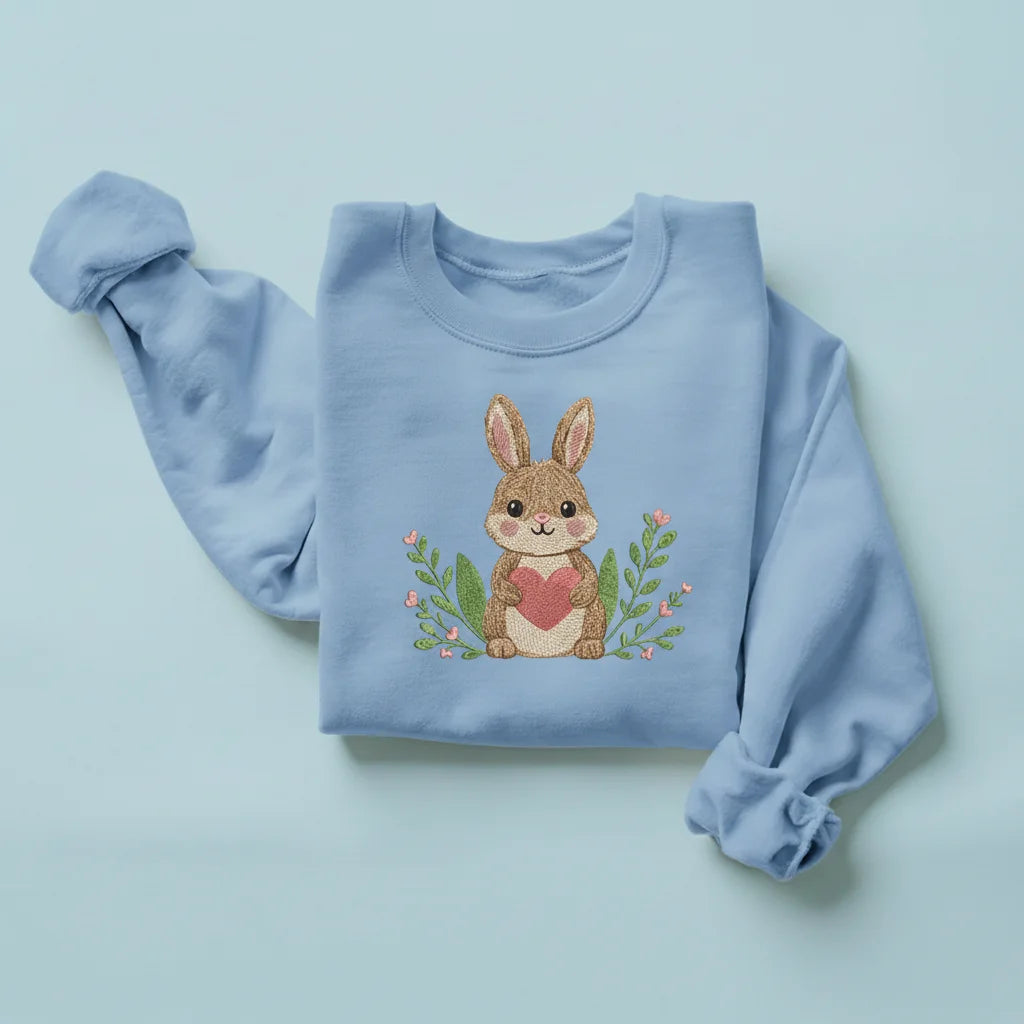 bunny holding heart floral embroidery light blue sweatshirt mockup 03