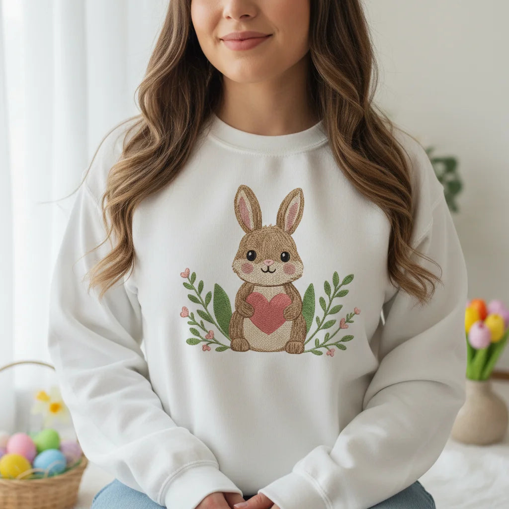 bunny holding heart floral embroidery white sweatshirt lifestyle 02