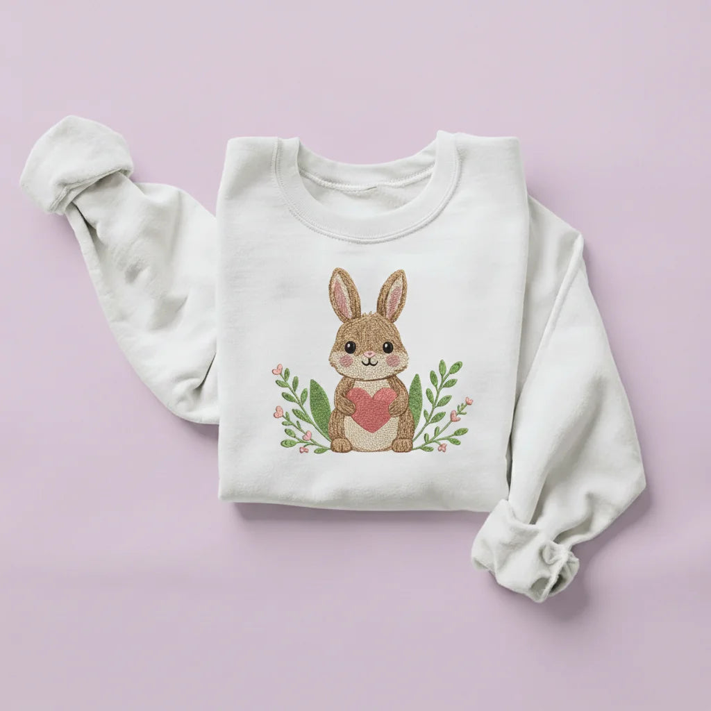 bunny holding heart floral embroidery white sweatshirt mockup 02