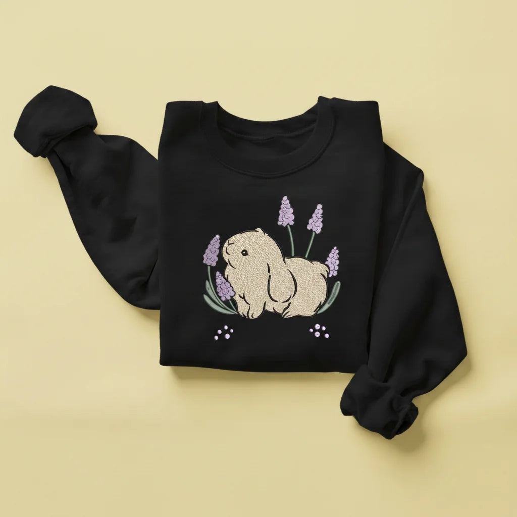 bunny lavender flowers embroidery black sweatshirt mockup 05