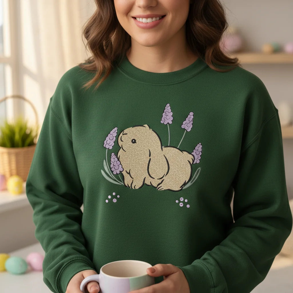 bunny lavender flowers embroidery forest green sweatshirt lifestyle 02