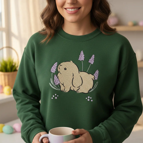 bunny lavender flowers embroidery forest green sweatshirt lifestyle 02