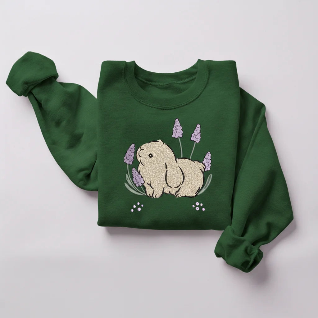bunny lavender flowers embroidery forest green sweatshirt mockup 04