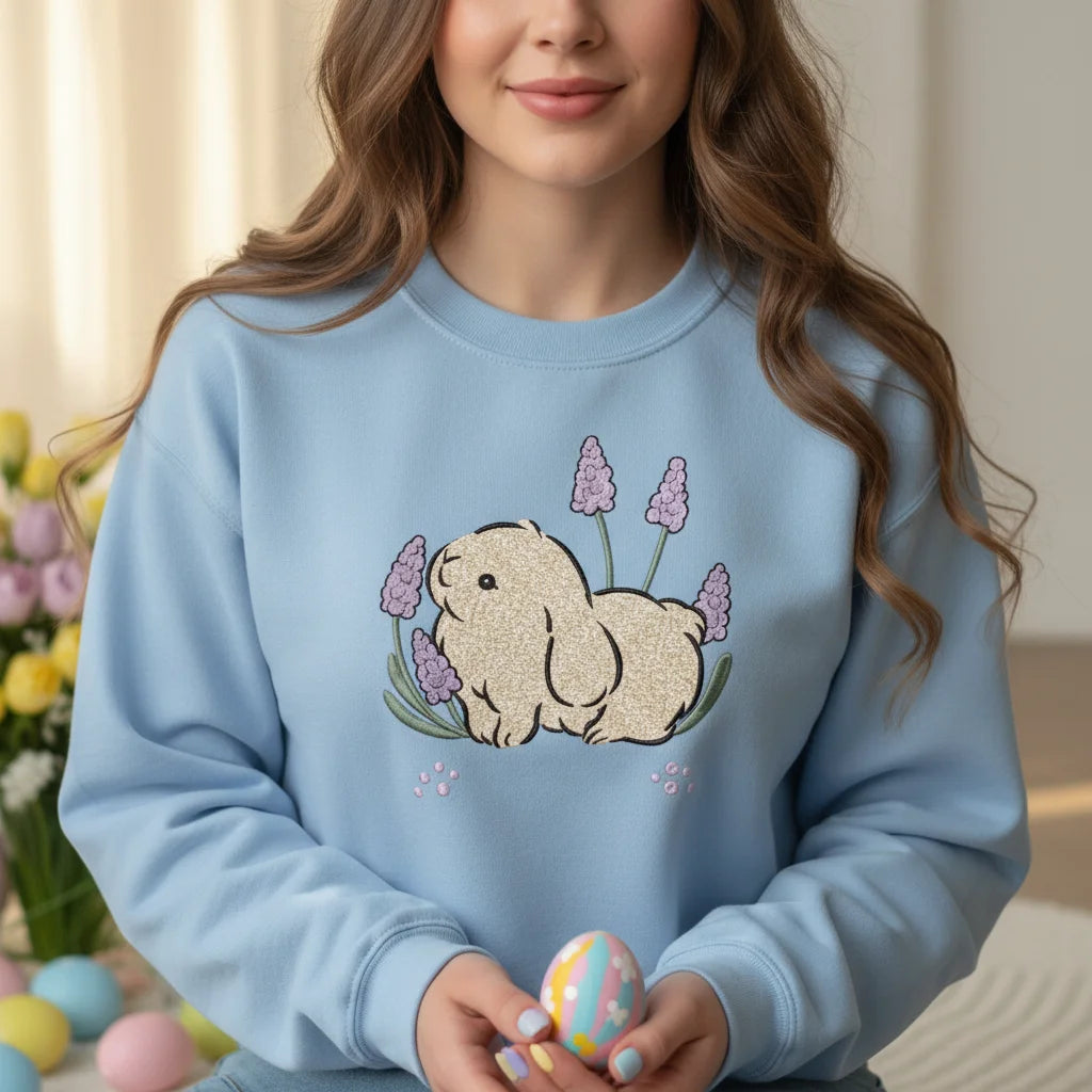 bunny lavender flowers embroidery light blue sweatshirt lifestyle 01