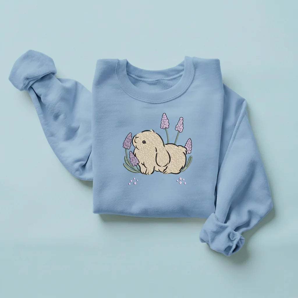 bunny lavender flowers embroidery light blue sweatshirt mockup 03