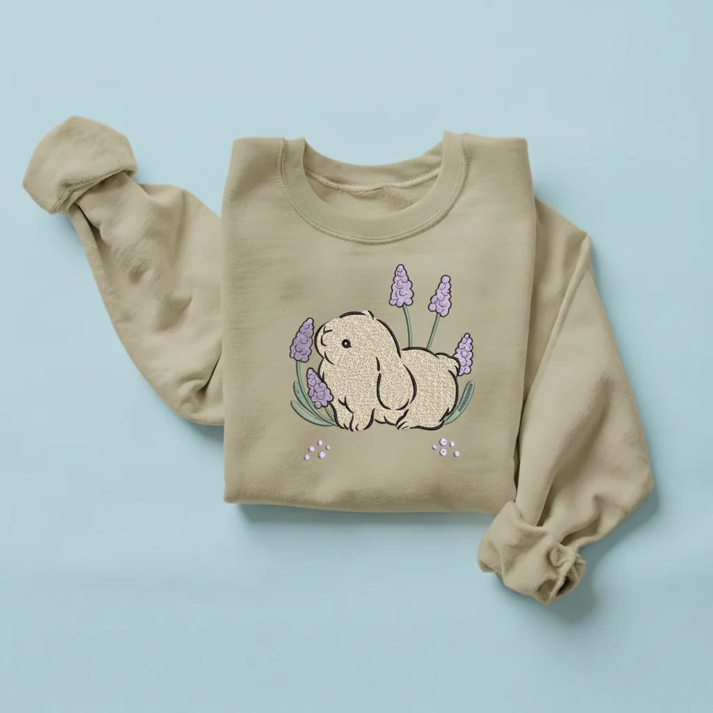 bunny lavender flowers embroidery sand sweatshirt mockup 01