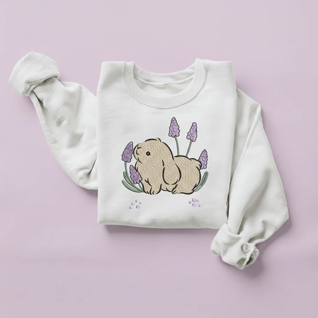 bunny lavender flowers embroidery white sweatshirt mockup 02