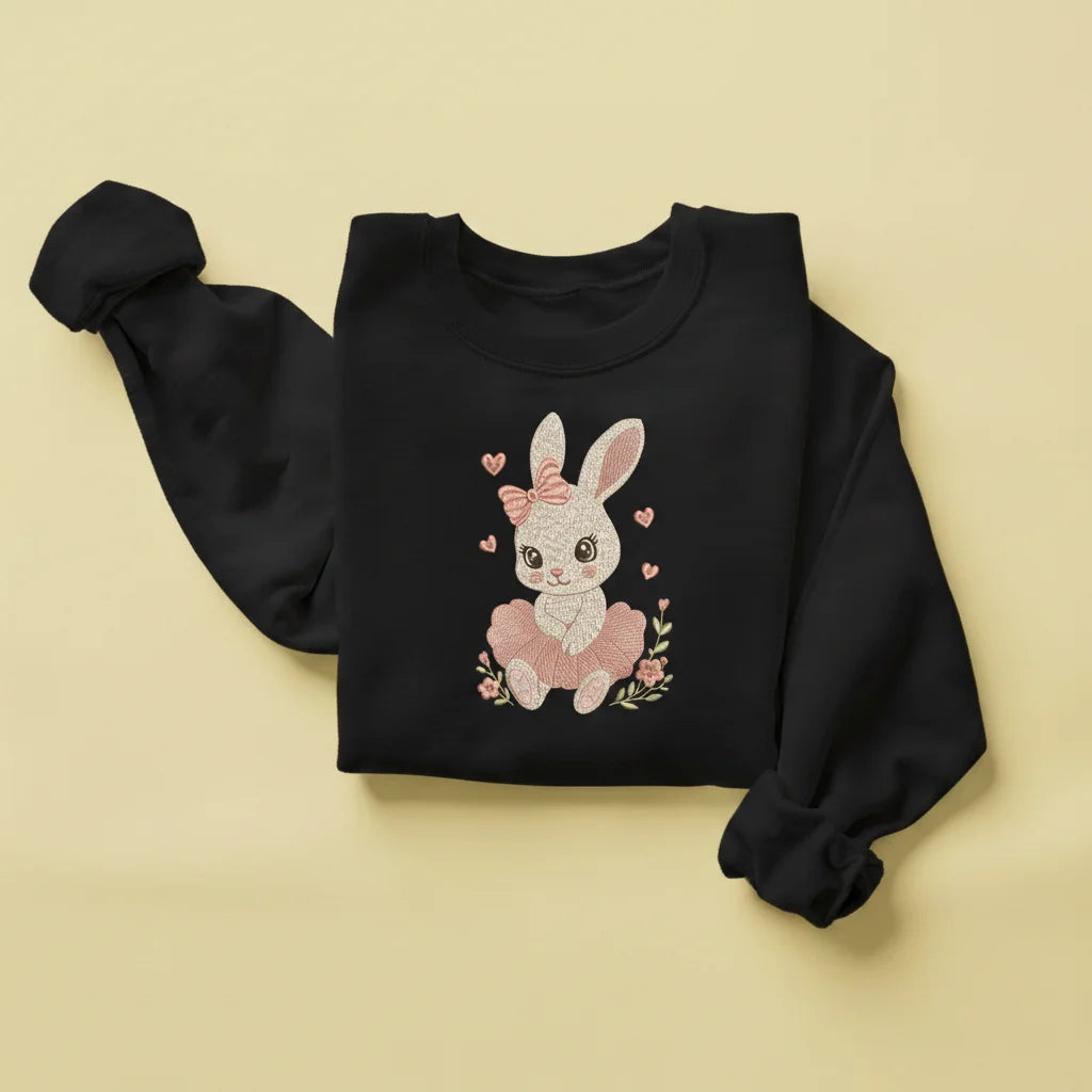 bunny pink tutu bow hearts embroidery black sweatshirt mockup 05