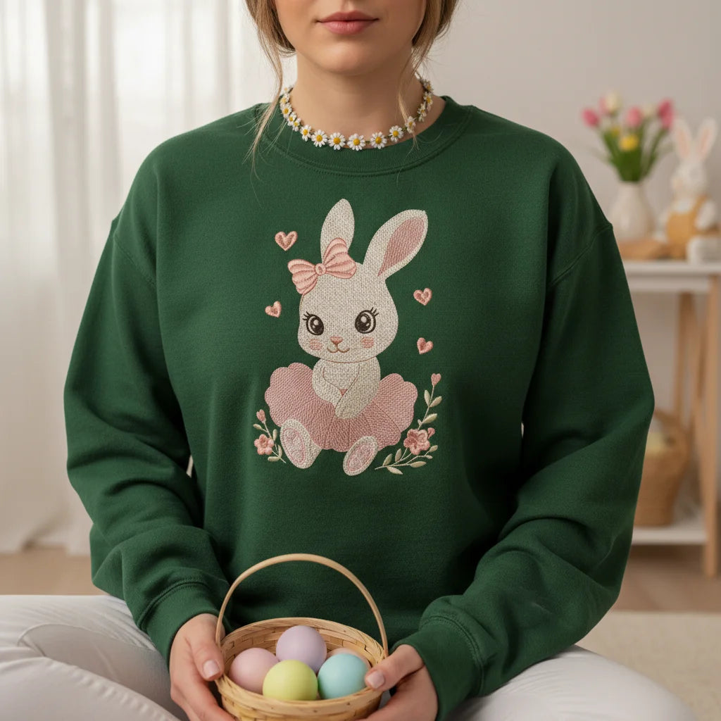 bunny pink tutu bow hearts embroidery forest green sweatshirt lifestyle 02