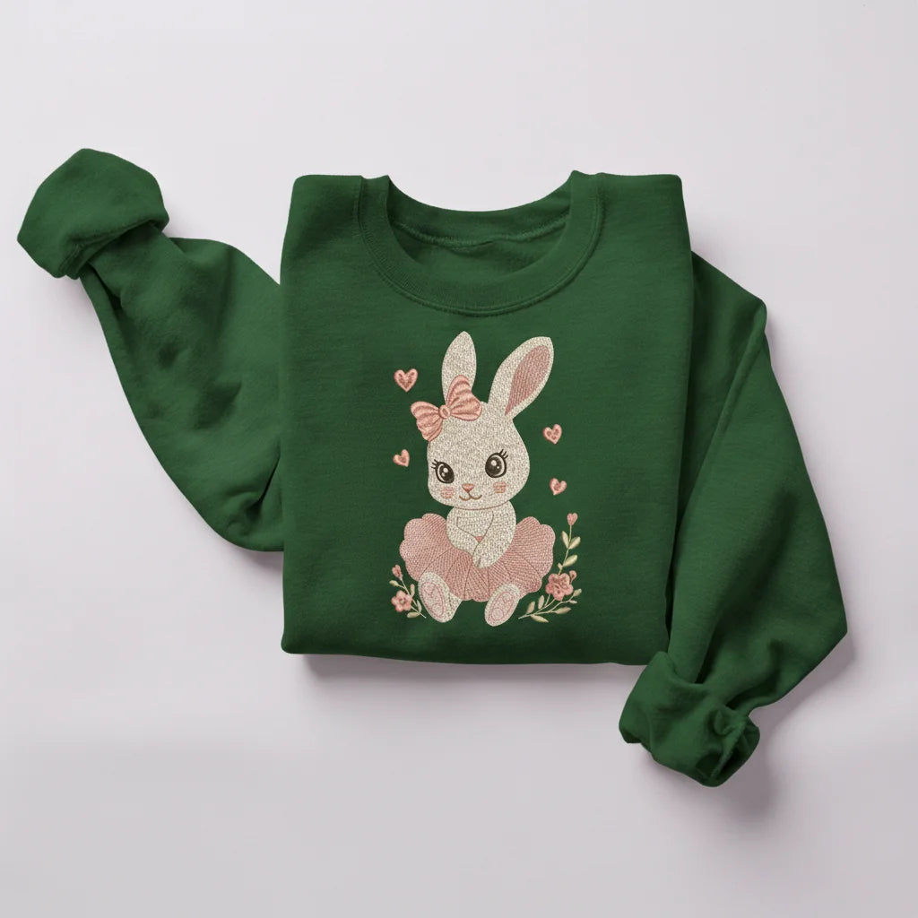 bunny pink tutu bow hearts embroidery forest green sweatshirt mockup 04