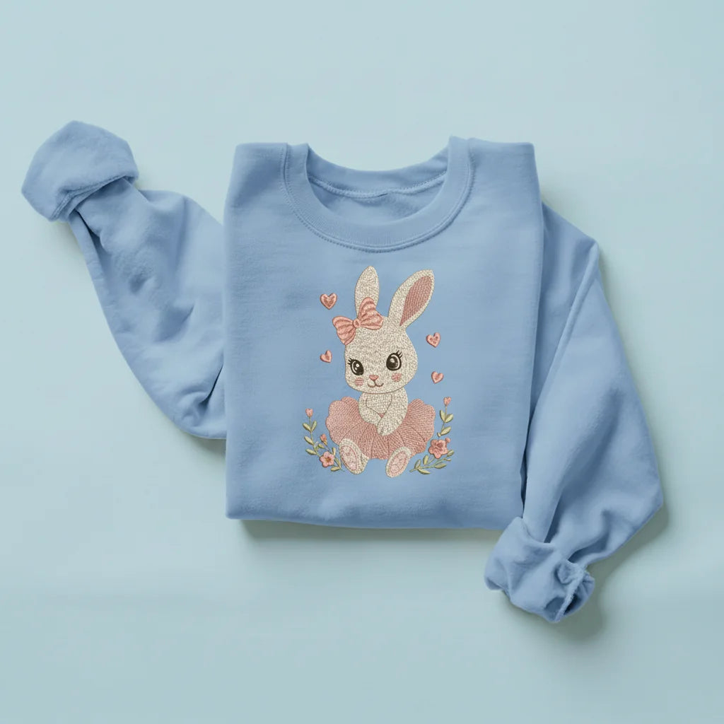 bunny pink tutu bow hearts embroidery light blue sweatshirt mockup 03