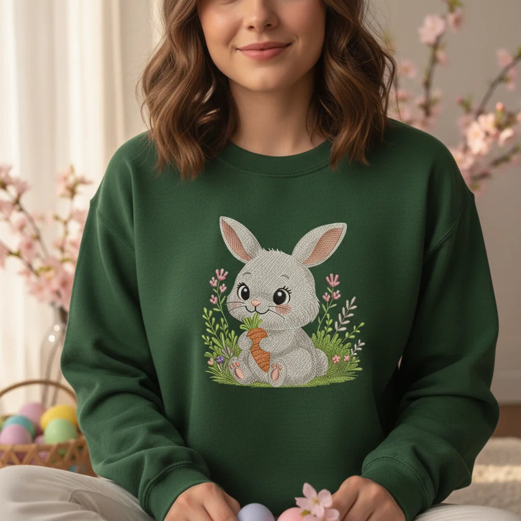 bunny sitting grass flowers carrot embroidery forest green sweatshirt lifestyle 02