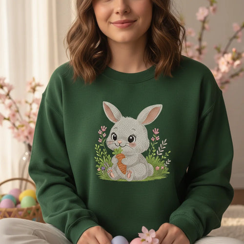 bunny sitting grass flowers carrot embroidery forest green sweatshirt lifestyle 02