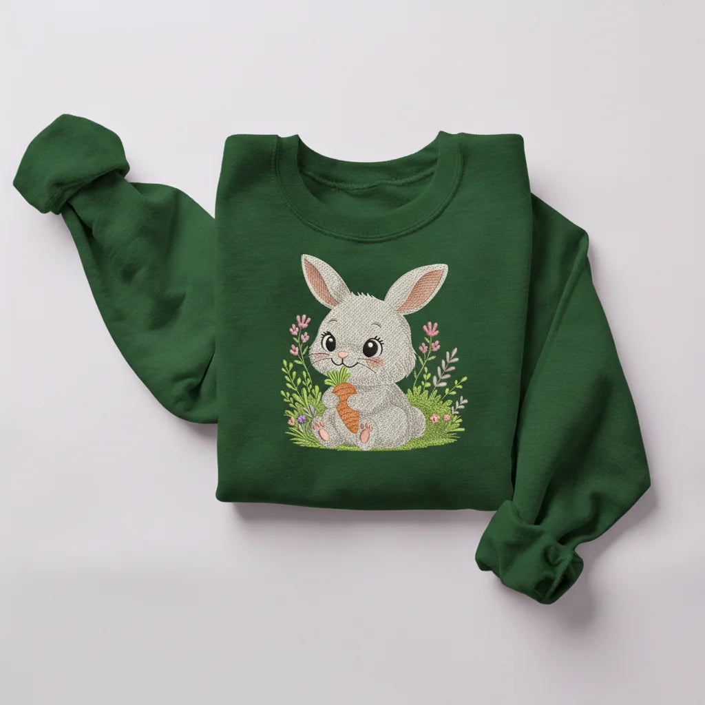 bunny sitting grass flowers carrot embroidery forest green sweatshirt mockup 04