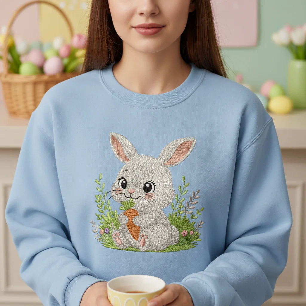 bunny sitting grass flowers carrot embroidery light blue sweatshirt lifestyle 01