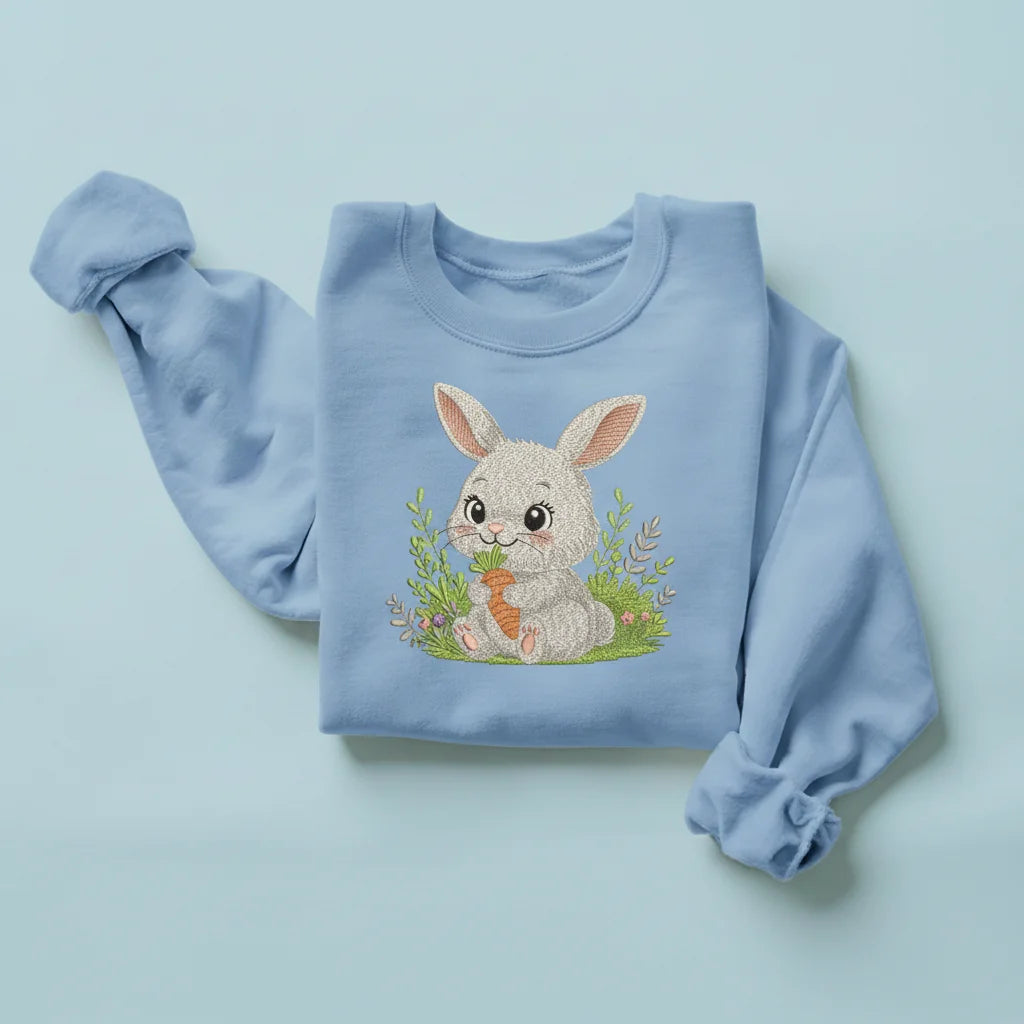bunny sitting grass flowers carrot embroidery light blue sweatshirt mockup 03