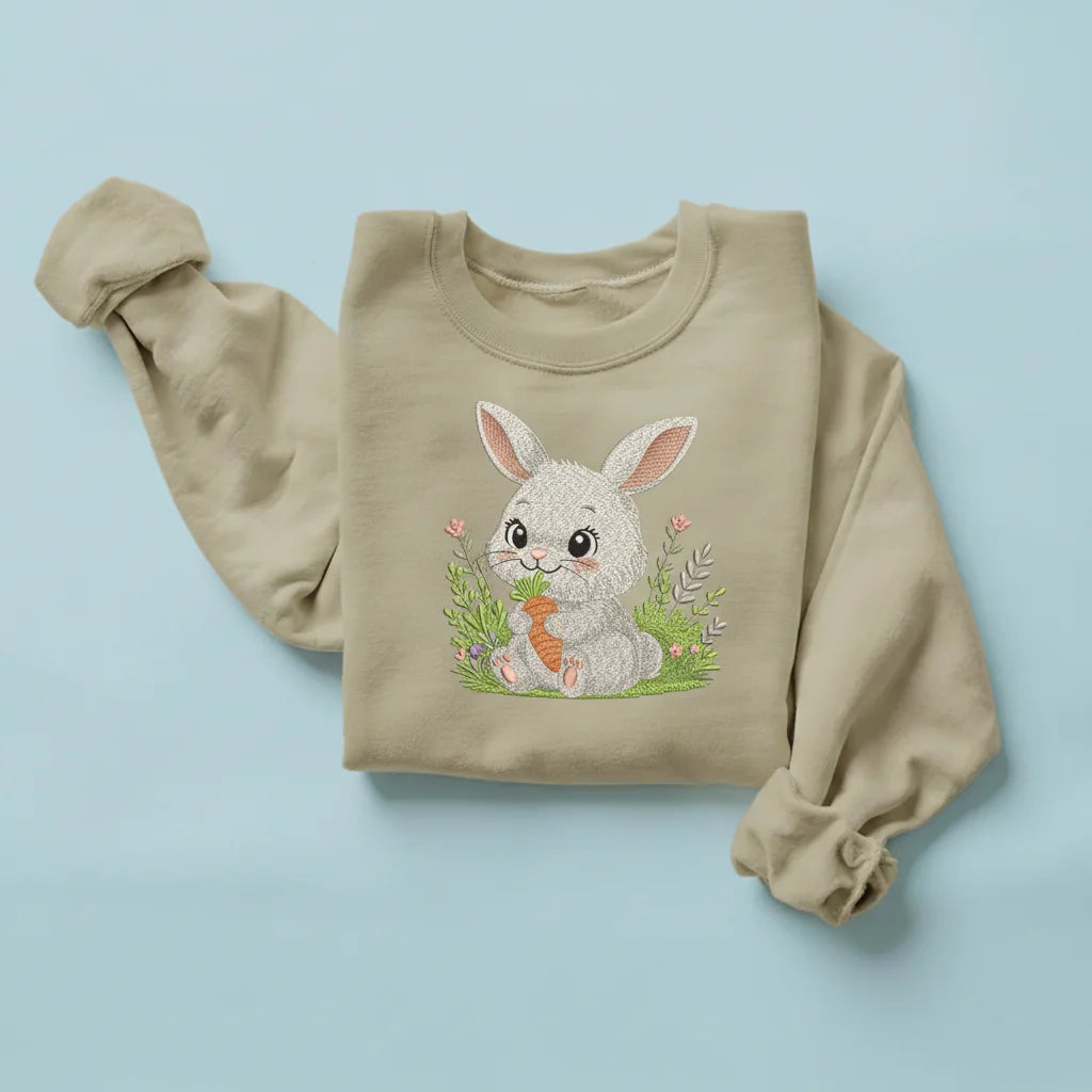 bunny sitting grass flowers carrot embroidery sand sweatshirt mockup 01