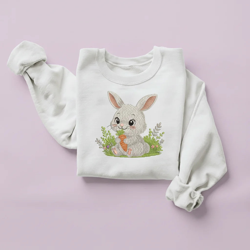 bunny sitting grass flowers carrot embroidery white sweatshirt mockup 02