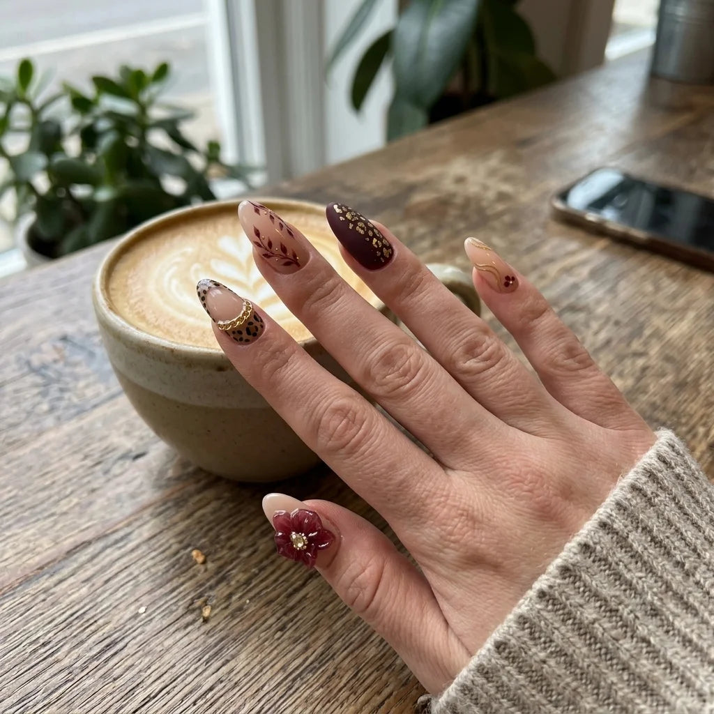 burgundy 3d almond medium press on nails leopard orchid detail 01