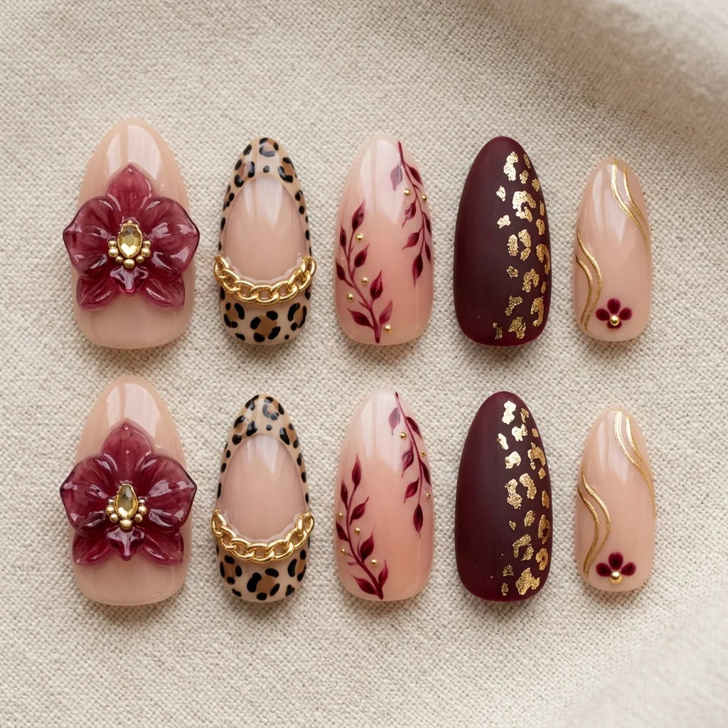 burgundy 3d almond medium press on nails leopard orchid mockup 01