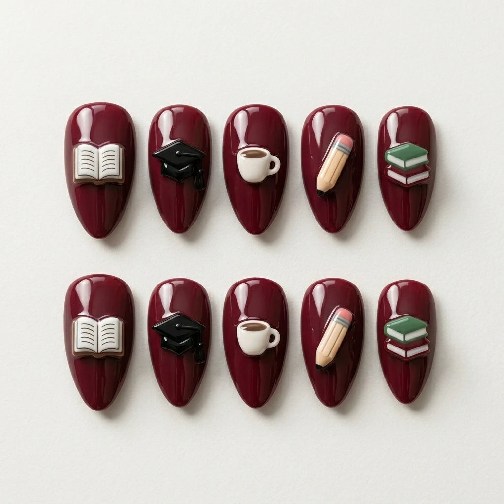burgundy 3d almond press on nails school cap book pencil diploma flat lay 01