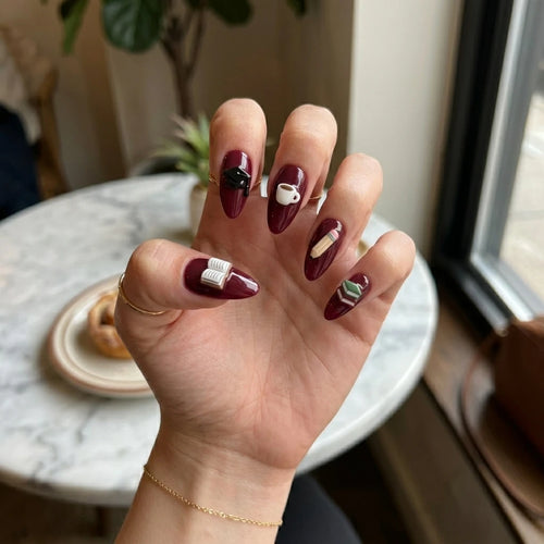 burgundy 3d almond press on nails school cap book pencil diploma lifestyle 01