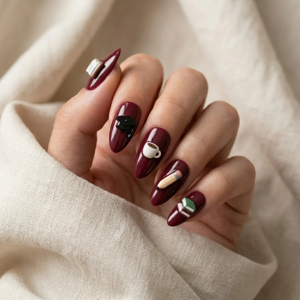 burgundy 3d almond press on nails school cap book pencil diploma lifestyle 02