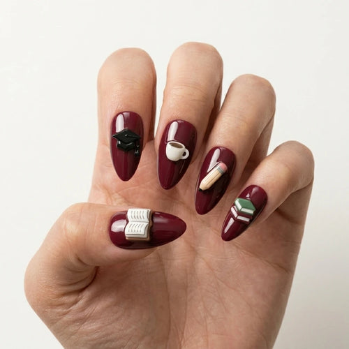 burgundy 3d almond press on nails school cap book pencil diploma mockup 01