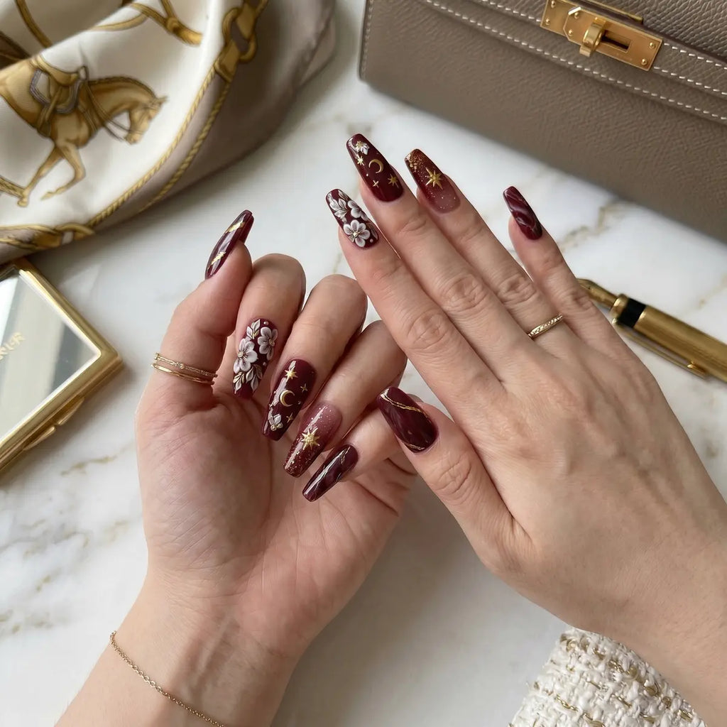 burgundy 3d coffin long press on nails white flower gold star moon detail 03