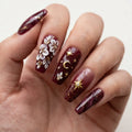 burgundy 3d coffin long press on nails white flower gold star moon lifestyle 02