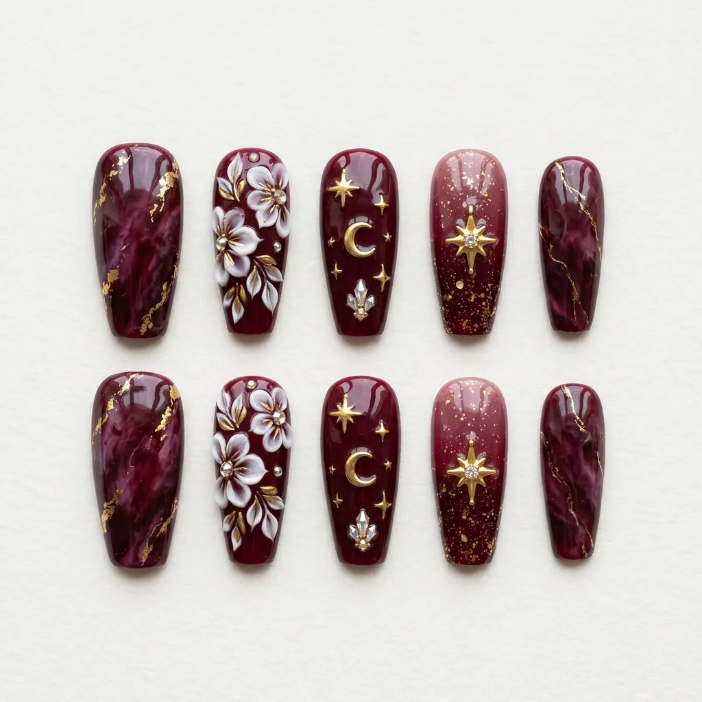 burgundy 3d coffin long press on nails white flower gold star moon mockup 01